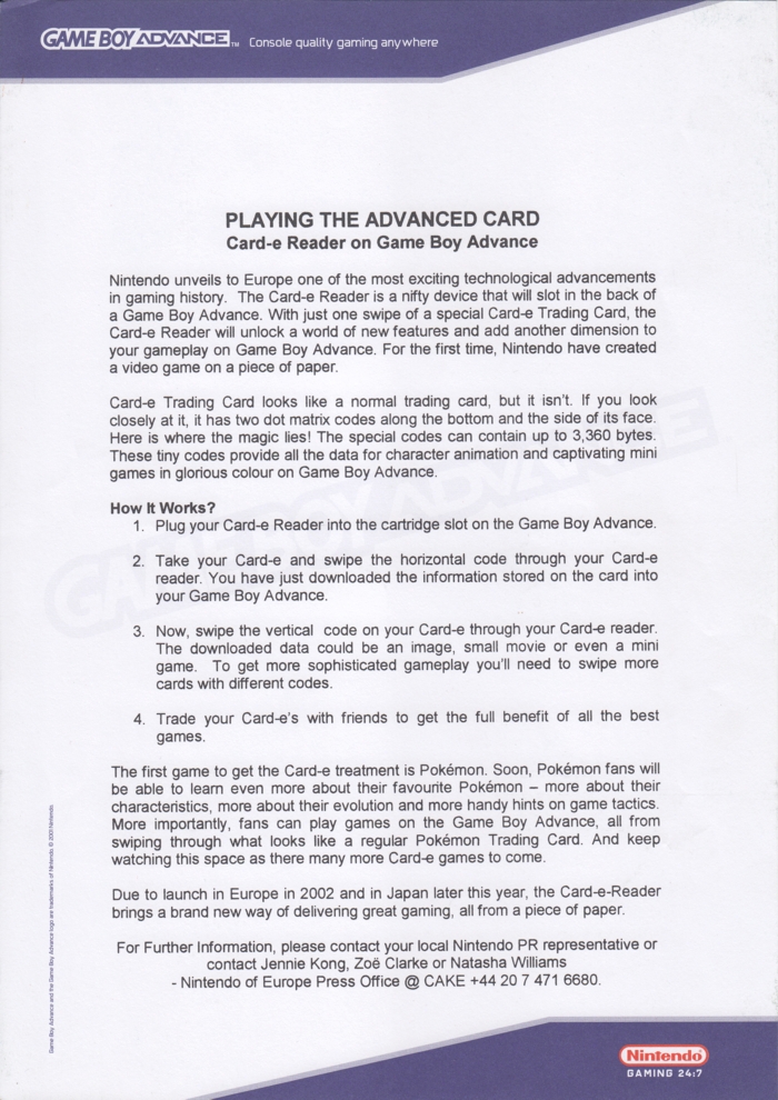Game Boy Advance press release 2 Game Boy Advance press release 2