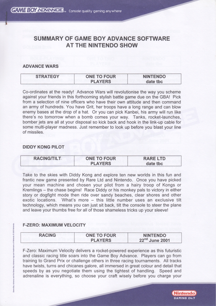 Game Boy Advance press release 3, page 1/4 Game Boy Advance press release 3, page 1/4