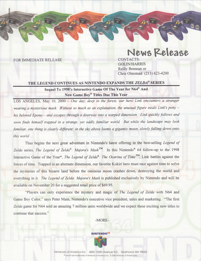 Nintendo 64 press release 4, front page
