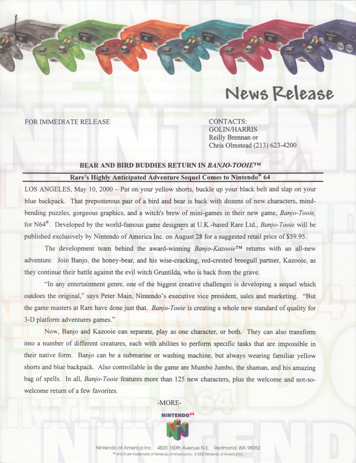 Nintendo 64 press release 6, front page