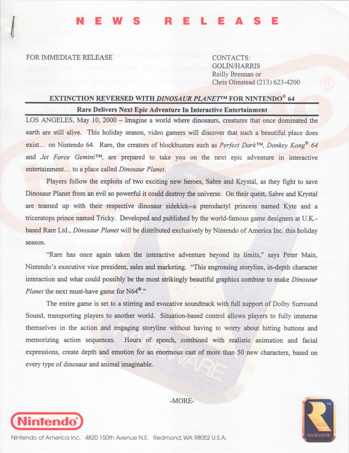 Nintendo 64 press release 8, front page