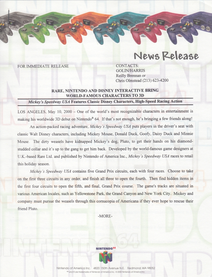 Nintendo 64 press release 10, front page