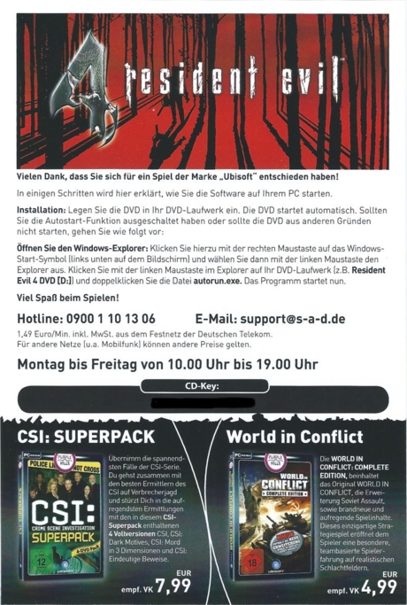 Manual sheet (the CD key has been censored)