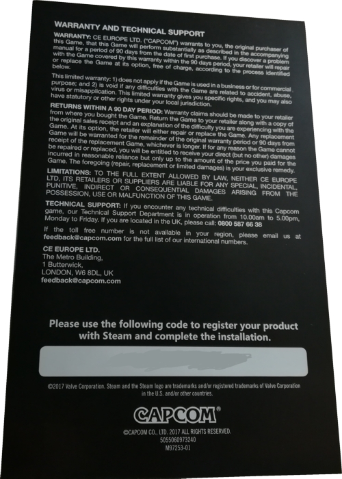 Back of info sheet (censored Steam code) Back of info sheet (censored Steam code)
