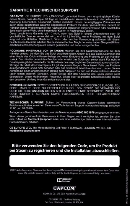 Back of manual (censored Steam key) Back of manual (censored Steam key)